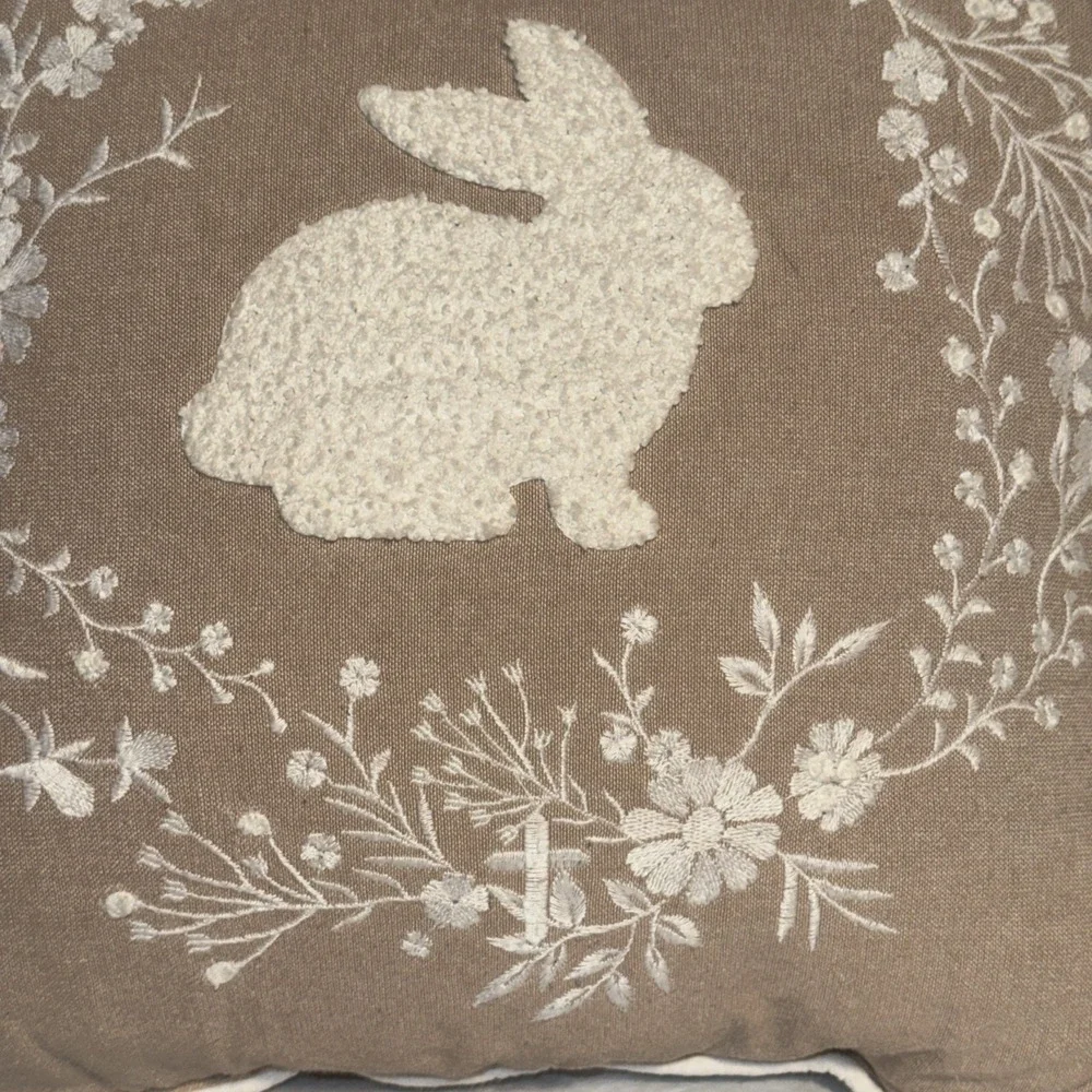 Kirkton House Easter Pillow Beige White Embroidered Bunny & Cross Throw